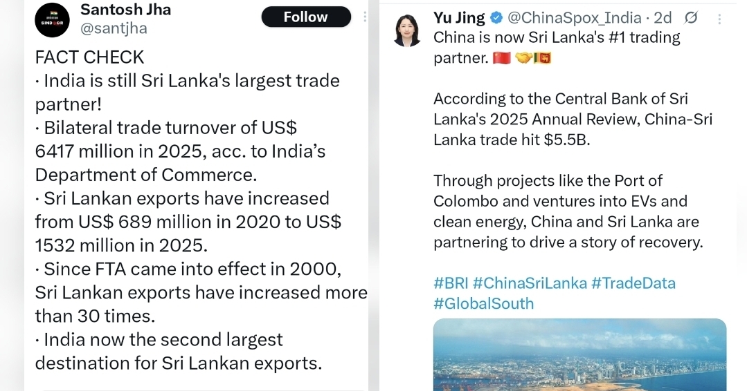 India rejects China claim, asserts it remains Sri Lanka's top trade partner