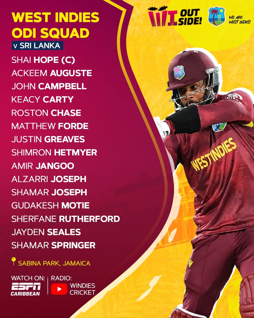 West Indies name 15-member ODI squad for Sri Lanka series, Shai Hope to lead